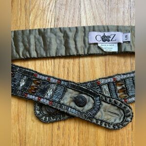 Ibisco hand beaded belt Size L. Grey, amber and red beads adorn deep sage satin